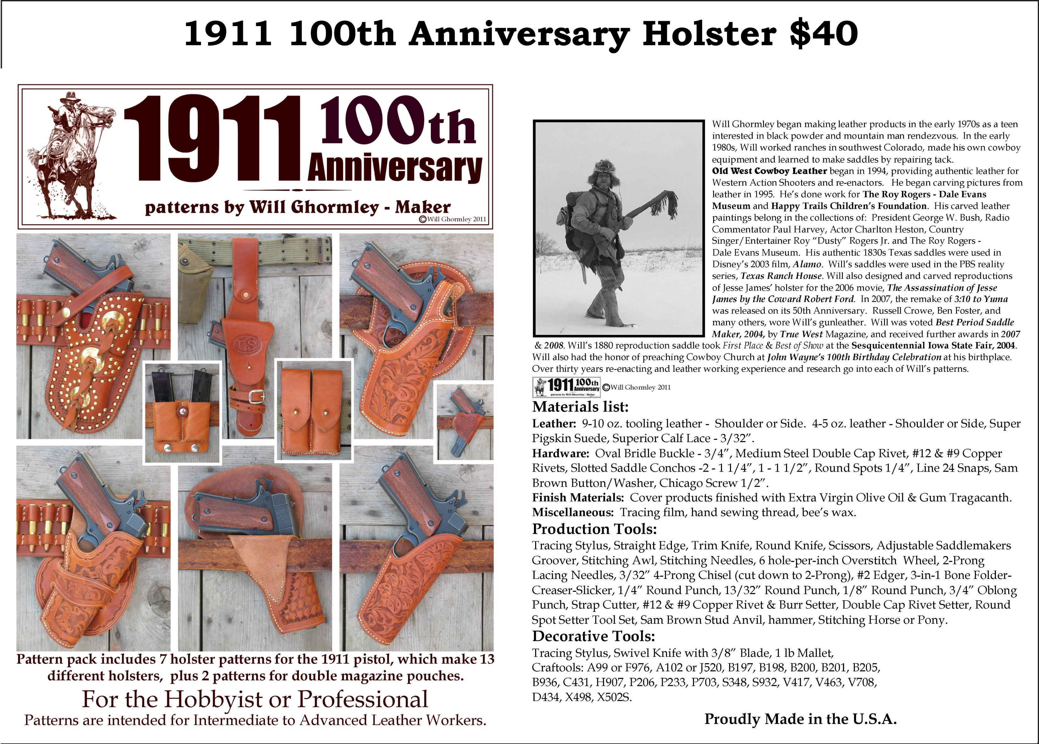 1911 100th Anniversary Holster Pattern — $40.00